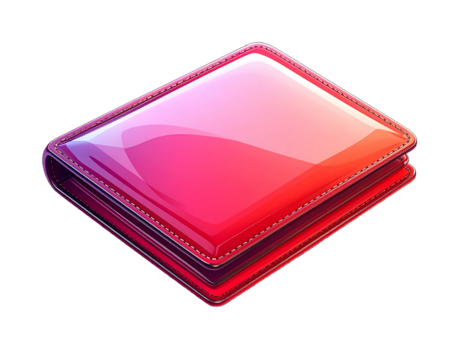 Glossy, rectangular wallet; pink to red gradient; stitched edges; 3D rendering; slightly angled