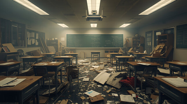 A realistic wide shot of a chaotic classroom with overturned chairs, tilted desks, and scattered papers on the floor. Harsh fluorescent lighting highlights the messy environment 