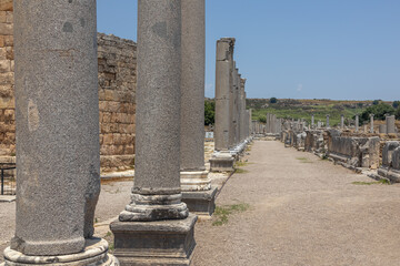 Fototapeta premium Columns and ruins of buildings in the ancient city of Perge in Turkey. An ancient city founded during the Trojan War. Smooth and elaborately crafted columns on the streets of the ancient city.