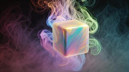 Dynamic iridescent cube emerges from vibrant swirling cosmic nebula, a mesmerizing visual journey into abstract dimensions and future concepts. Ai generative video - Powered by Adobe