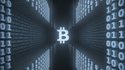 Bitcoin's Digital Gateway: A luminous Bitcoin symbol emerges at the core of a digital binary code tunnel.