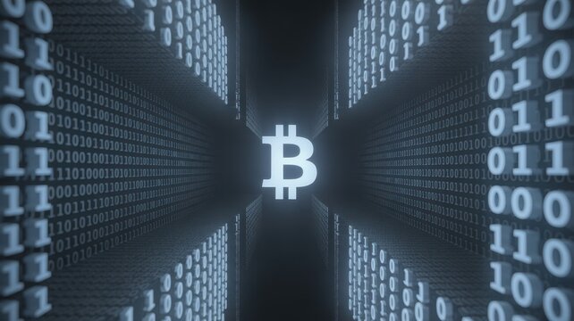 Bitcoin's Digital Gateway: A luminous Bitcoin symbol emerges at the core of a digital binary code tunnel.