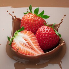 Juicy strawberries splashing in melted chocolate, creating a delightful scene of fresh ingredients. The bright red berries contrast with the rich brown chocolate