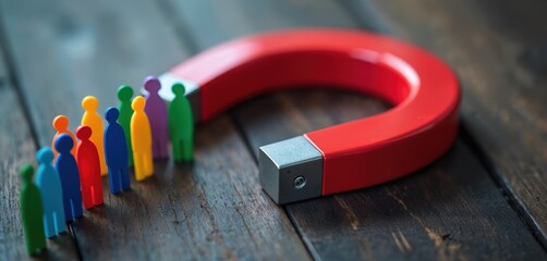 Magnet attracts colorful human figurines on wooden surface. Business concept illustration engagement, influence, inbound marketing, customer retention strategy, target audience expansion, service