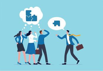 Offer solution to solve problem, consultant or manager advice to team member, finish or complete missing piece to fit the job concept, businessman offer missing jigsaw piece to complete the puzzle.