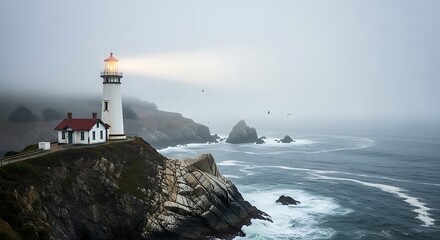 Lighthouse on a cliff overlooking a foggy ocean.