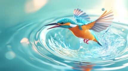 A stunning kingfisher bird gracefully flies above a clear water surface, creating captivating splashes. The vibrant colors showcase nature's beauty.