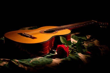 Guitar with glowing light and red rose. Concept image symbolizing music, passion, and love