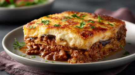 Traditionelle griechische Moussaka mit goldbrauner Käseschicht in weißer Auflaufform garniert mit Kräutern