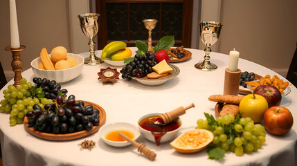 traditional yom kippur table displaying symbolic foods beautiful arrangements cultural significance, setting, ritual, dish, grapes, honey, apple, chalice