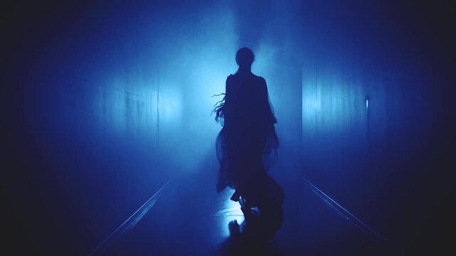 dark silhouette scared excited woman running away along black corridor hall. Adult girl in long dress back rear view slow motion. horror creepy night scene lightning flashes blue color light film 4k