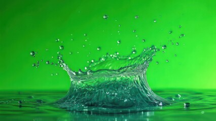 Dynamic, vibrant water splash frozen mid-air creating a mesmerizing crown shape against a vivid green backdrop.