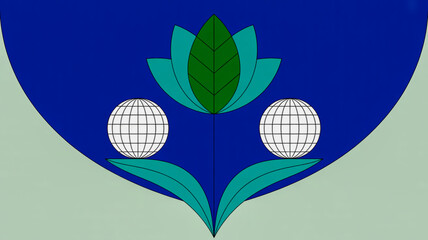 Stylized green lotus flower with two white globes on a blue and light green background teal