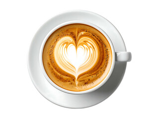 Overhead view of a white cup and saucer holding a cappuccino with a perfectly formed heart-shaped latte art design, sprinkled with cocoa powder