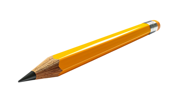 A diagonally-positioned, sharpened, yellow 2 pencil with a graphite tip and a metallic eraser