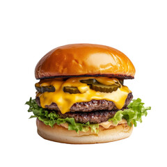 Delicious double cheeseburger with lettuce, pickles, and melted cheese