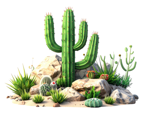 A vibrant digital rendering of a desert scene featuring a large saguaro cactus amidst smaller cacti, succulents, and rocks on a sandy base