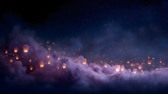 Numerous glowing sky lanterns ascend into a starry night sky illuminated by soft magical ambient light amidst ethereal clouds