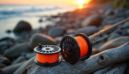 Fly fishing gear on rocks at sunset. Reel, rod, line, tackle lie near water. Angling sport with fishing equipment at ocean shore, recreation, hobby, leisure. Fishing, catch, angler, activity, fun,