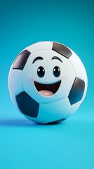 This cheerful cartoon soccer ball features a smiling face against a vibrant blue background, perfect for conveying fun, playfulness, and a love for sports.