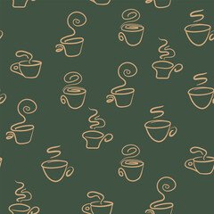 Abstract seamless pattern with color cups. Kitchen doodle background. Design for poster, fabric, textile.