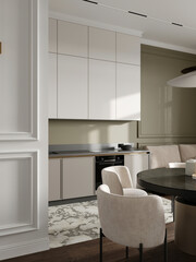 Minimalist kitchen and dining area with soft beige chairs, green backsplash, and white cabinetry in modern apartment.