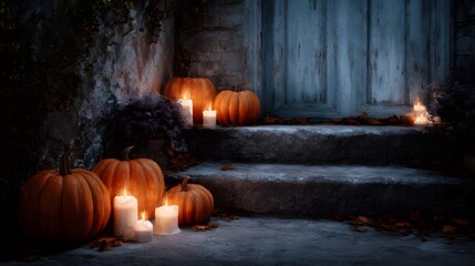 Obraz premium A spooky Halloween night scene with lit pumpkins and candles on stone steps leading to a wooden door