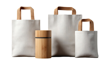 Three white canvas tote bags, each with wooden handles, and a wooden cylinder