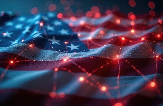 Abstract digital representation American flag with glowing red blue network connections. Cybersecurity technology data infrastructure. Represents national pride digital innovation, security.