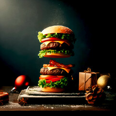 burger levitation with christmas background