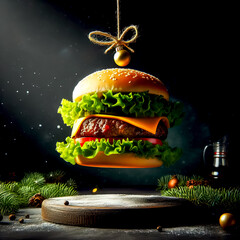 burger levitation with christmas background