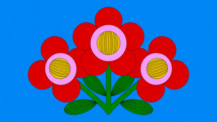 Stylized Red Flowers with Yellow Centers on a Bright Blue Background floral bloom