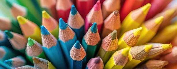 The vibrant arrangement of colored pencils in various shades and hues.