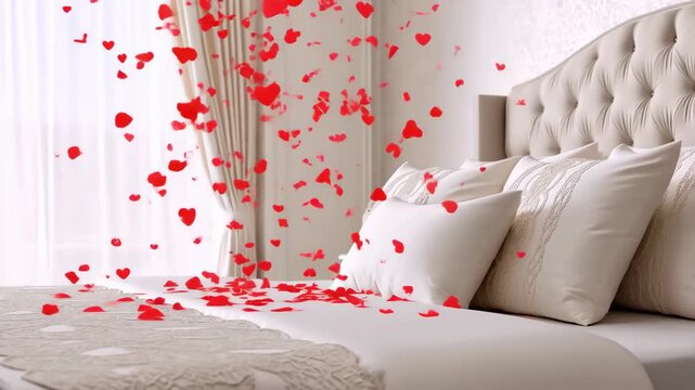 Romantic bedroom with falling red hearts