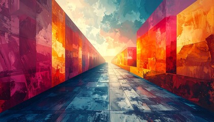 An abstract perspective view down a brightly colored corridor with vibrant walls, a textured floor, and a luminous sky