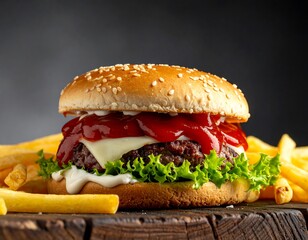 Close-up of a juicy burger with fries