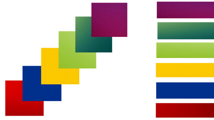 Abstract colorful overlapping square blocks with gradient effect on black background, modern geometric shapes in red, blue, yellow, green, and purple for digital design, presentation, and creative art