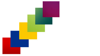 Fototapeta premium Abstract colorful overlapping square blocks with gradient effect on black background, modern geometric shapes in red, blue, yellow, green, and purple for digital design, presentation, and creative art