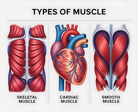 Human anatomy chart shows skeletal cardiac and smooth muscle types detailed medical diagram
