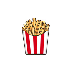 Golden french fries in a red and white striped cardboard container