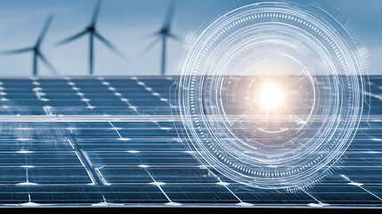 Solar panels and wind turbines with digital interface overlay representing renewable energy technology