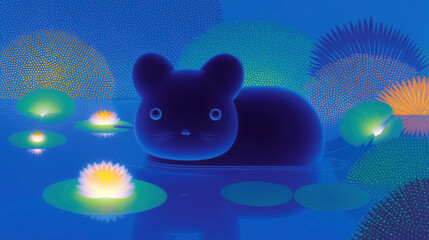 cute black mouse taking a bath among lotus flowers in a lake, chinese new year animal symbol 