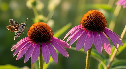 Hummingbird Moth Hovering Near Purple Coneflowers.