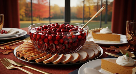 A Grand Platter of Cranberry Sauce with Sliced Roast Turkey and Pumpkin Pie