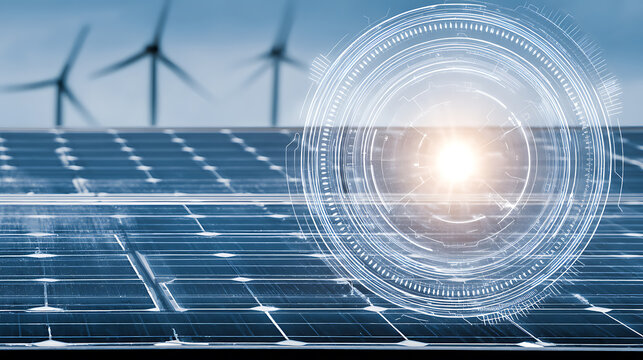 Solar panels and wind turbines with digital interface overlay representing renewable energy technology