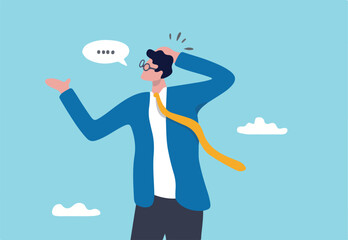 Awkward moment, embarrassment conversation, nervous and clueless at work, dull moment or cannot answer question concept, awkward confused and shrug businessman with helpless speech bubble.