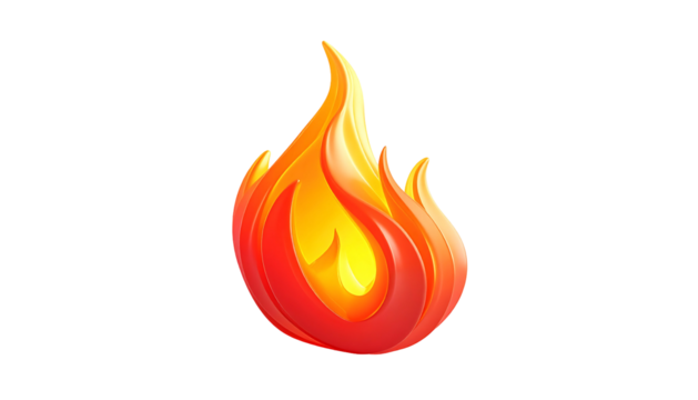 Stylized single flame, orange, red, and yellow hues, 3D effect, smooth gradients, fiery, bright