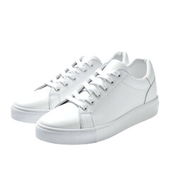 Pair of clean white leather low-top sneakers with flat laces and slightly padded collars, set against a transparent background