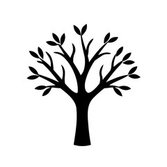 Simple Stylized Black Tree Silhouette with Leaves on a White Background