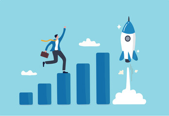 Boost rocket to business growing fast, investment growth, start or launch new business, innovation to boost success, rising up and improvement concept, businessman on growth chart launching rocket. 